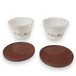 DYNAWARE Termocrisa (Mexican Pyrex) Milk Glass Custard Cup with Lid Brown Daisy
